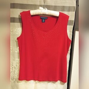 Karen Scott 100% Cotton Red Rhinestone Embellished Scoop Neck Tank Top Shirt